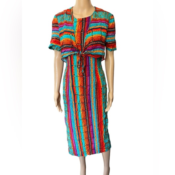 W2 Vintage 80s Bright Eclectic Hippie Funky Southwestern Striped Maxi Dress - Picture 1 of 6
